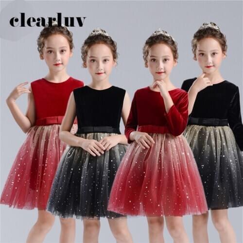 Flower Girl Dresses for Weddings B100 Gradient Long Sleeves Ball Gown 2020 Sequined O-Neck Velour Bow Girls Princess Dresses