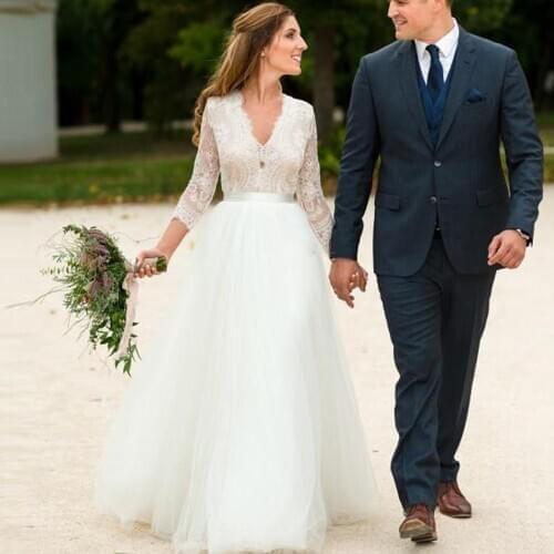 Eightree Beach Boho Wedding Dress 2020 Lace Top Bohomian Wedding Dresses V Neck 3/4 Long Sleeve Bridal Gowns vestido de novia