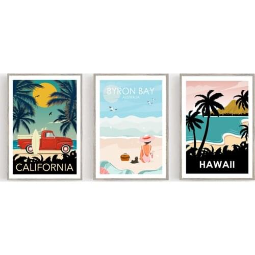 Hawaii California Byron Bay Travel Poster, Retro , Living Room Art ,Beach Wall Pictures, , Housewarming Gift, Canvas Painting