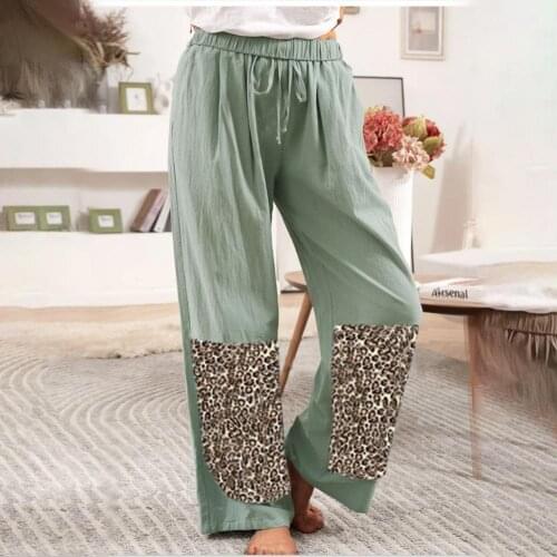 Casual Straight Long Beach Pants Wide Leg Plus Size 3XL Women Trousers Leopard Bohemia Print Mid Waist Belt Sweatpants