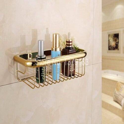 Luxury Gold Color Brass Wall Mounted Bathroom Accessory Single Tier Soap / Sponge Corner Shower Storage Basket aba095