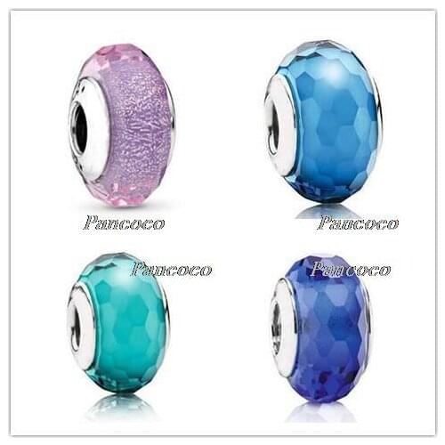 925 Sterling Silver Baeds Multicolor Teal Faceted Lampwork Murano Glass Charm Fit Pandora Bracelet & Necklace Jewelry