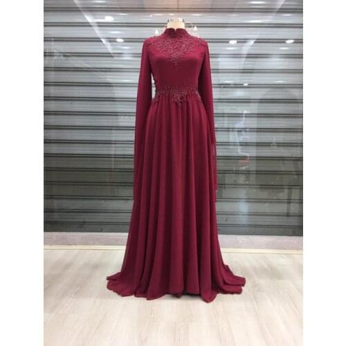 Chiffon Appliques Long Sleeve Muslim Prom Dresses High Neck A Line Formal Evening Party Gowns Saudi Arabia Robe