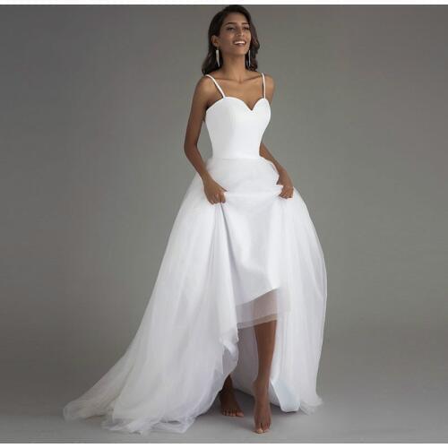 Spaghetti Strap Beach Wedding Dresses 2020 Vestido Noiva Praia White Tulle with Sashes Boho Bridal Gown A-line Bride dress