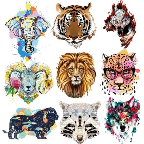 Punk Animals Heat Transfer Vinyl Lion Patches Iron On Transfer For Clothing Tiger Elephant Stripes Thermal Stickers On Clothes