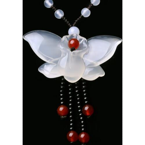 Fine Jewelry Natural Jade Medullary Necklace Pendant Carved Butterfly Lucky Best Wishes Women Men