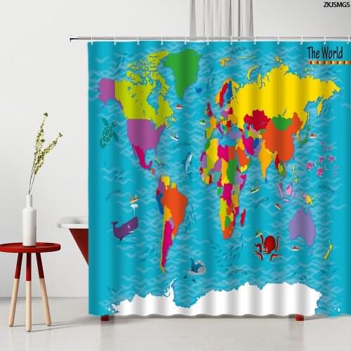 3D World Map Printed Shower Curtain Blue And Yellow Pattern Polyester Home Bathroom Curtains Set Decor Painting Washable Fabric