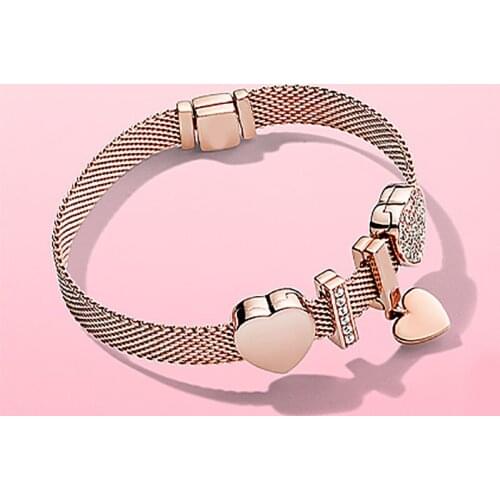 100% S925 sterling silver Rose gold heart studded Pandora bracelet love elegant fashion high quality valentines day gift