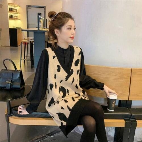 2020 Spring Autumn two Piece Suit Women Elastic Solid Button Pullover Sweater Vestidos+Female Leopard V-Neck Knitted Vest H100