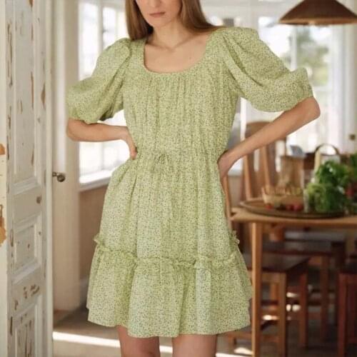 Womens Puff Sleeve Floral Printed Mini Dress Elastic Waist Square Collar Fresh Green Female Short Dresses Robe