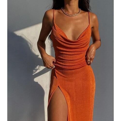 Women Sexy Spaghetti Straps Split Backless Ruched Bodysuit Long Dress Elegant Party Club Urban Street Summer Vestido Q21DS439