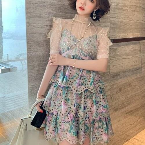 2021 New Female Mesh Stitching Hollow Embroidery Print Cake Dress Summer Women Elegant Runway Mini Dresses Vestidos
