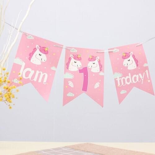 1 Set Kawaii Unicorn I Am 1 Today Banners Happy Birthday Bunting One Year Old Baby Shower Boys Girls First Birthday Decorations