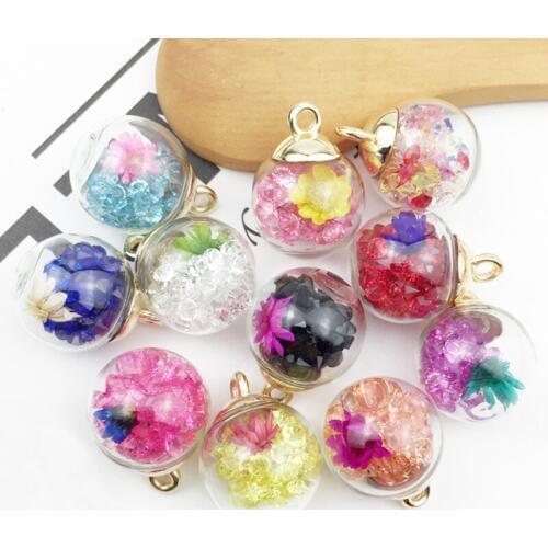 10pcs 16mm Transparent Glass Ball Charms Resin Drill Flower In Ball Pendants Finding Fit Earring Hair Jewelry Accessories YZ421