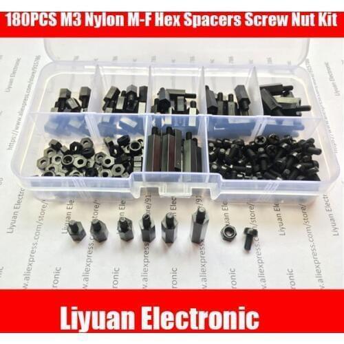 180PCS M3 Nylon Black M-F Hex Spacers Screw Nut Assortment Kit Stand off Set Box