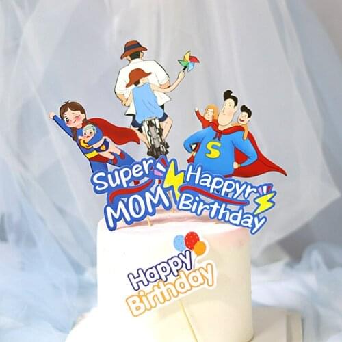 2021 New Super Dad Cake Topper Happy Birthday Cartoon Super Mom Cupcake Topper for Fathers Day Birthday Party Cake Decorations