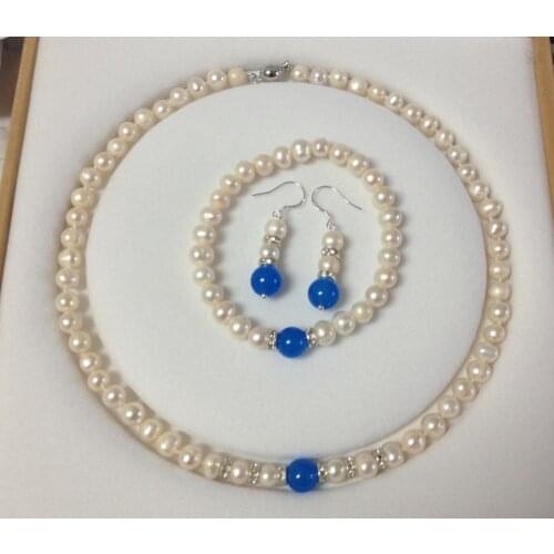 8-9MM White Akoya Cultured Pearl/Blue jewerly bracelets necklace earrings set Nobox