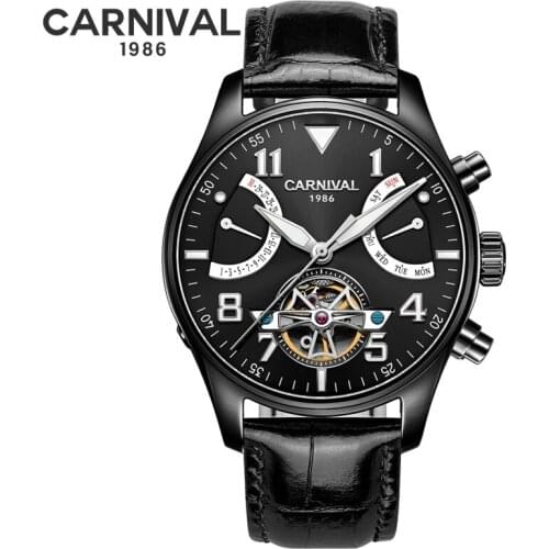 CARNIVAL Brand Fashion Diving Watch Men Luxury Tourbillon Automatic Mechanical Wristwatch Waterproof Luminous Relogio Masculino