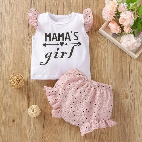 Kids Baby Girls Fashion 2-piece Outfit Set Fly Sleeve Letter Print Tops+Polka Dot Shorts Set New Style 2021