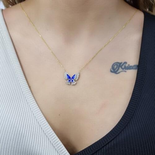 Enamel 2 Piece Butterfly 925 Sterling Silver, Gold, Rose Plated Necklace For Women Girls Handmade Jewelry Elegant Minimalist