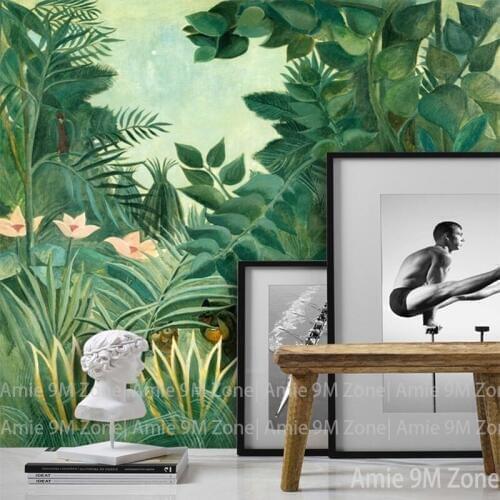 Dark green palm forest leaf and animal hand painting art mural wallpaper living room wall decor study room wallpapers discount