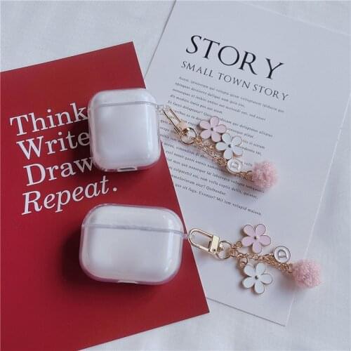 INS Cute Clear TPU Earphone Box For Apple Airpods Pro 3 Case for AirPods 2/1 Protect Cover Shell Pink Flower hairball Keychain