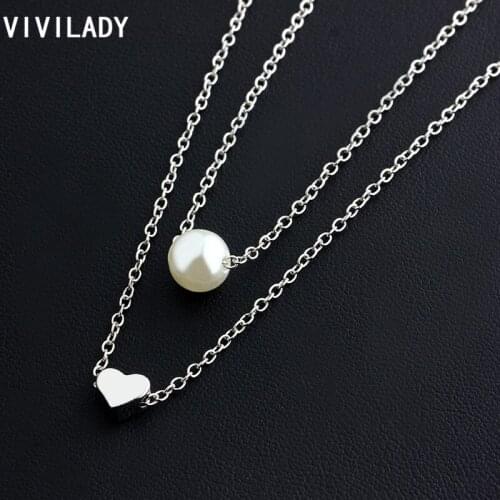 VIVILADY Fashion Imitation Pearl Tiny Heart Copper Alloy Charm Pendant Layers Chain Necklace Women New Party Jewelry Girl Gifts