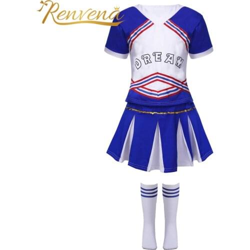 Kids Girls Cheerleading Costumes Clothes Set Letter Print Top Pleated Skirt + Socks Competition Children Cheerleader Dancewear