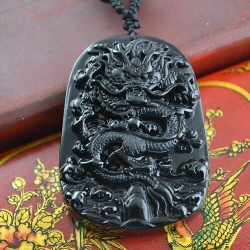 Ancient Chinese Dragon Symbol of Imperial Power Pendant Black Obsidian Carved Jewelry For Men and Women Jewelry