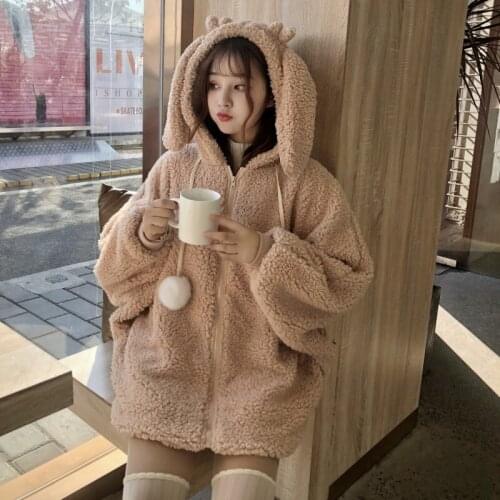 Japanese Style Warm Jacket Women Autumn Winter Sweet Cute Drawstring Rabbit Ears Hooded Coats Girls Student Soft Parkas Outwear