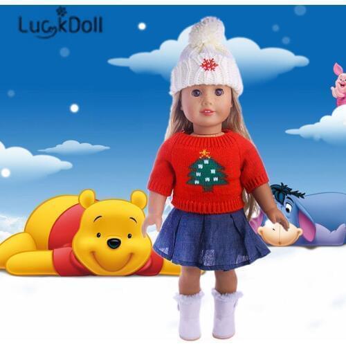 LUCKDOLL Fashion Sweater+Denim Skirt+Hat Fit 18 Inch American 43cm Baby Doll Clothes Accessories,Girls Toys,Generation,Gift