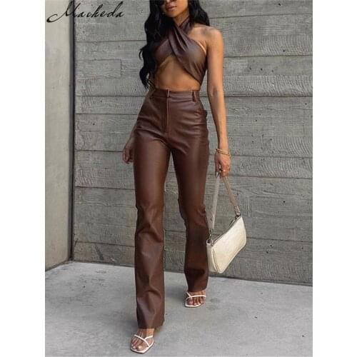Macheda Autumn Fashion PU leather Set Women Halter Sleeveless Crop Top And High Waist Straight Long Pants Casual Two Pieces Sets