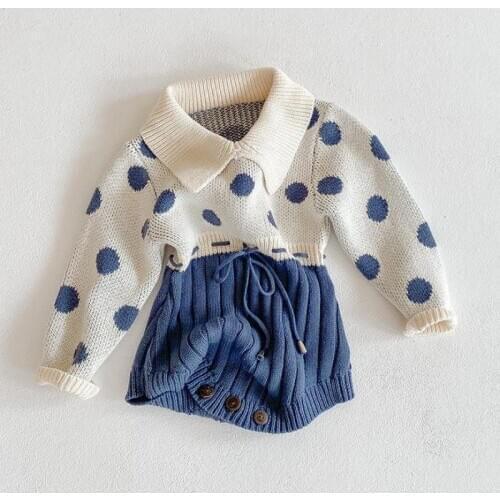 2020 0-3Y Baby Autumn Clothing Infant Newborn Baby Girls Knitted Bodysuit Dot Print Long Sleeve Splice Jumpsuit Outfits