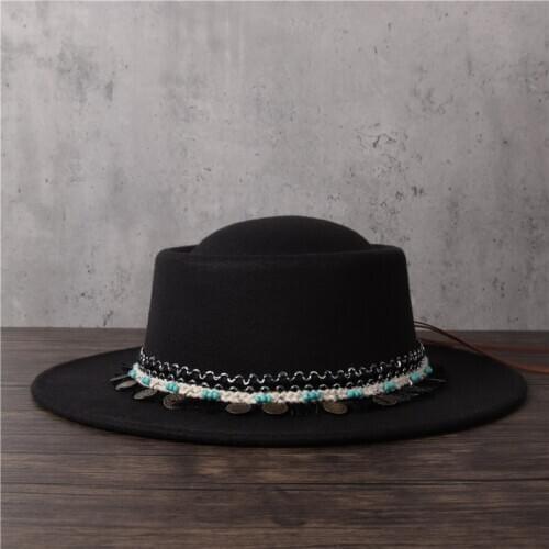 Fashion Women Wool Fedora Hat Lady Tassel Pork Pie Hat Gentleman Flat Bowler Porkpie Top Jazz Hat