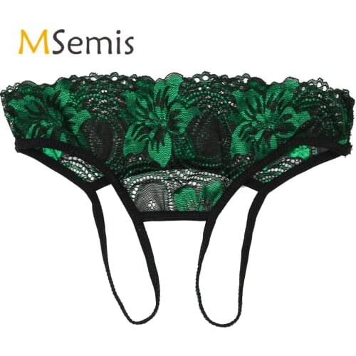 Mens Lingerie Floral Lace Sexy Briefs Crotchless Thong Panties See Through Gay Underwear Erotic Sheer Open Crotch Underpants