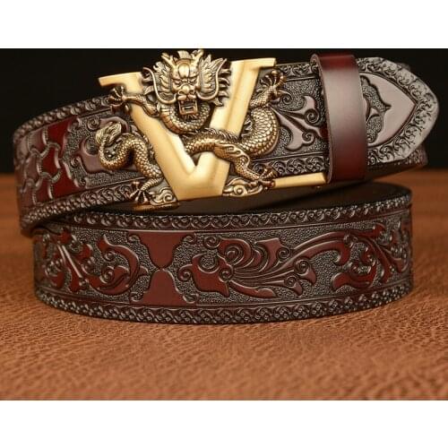 Male Embossing Retro Technology Belts for Men Genuine Leather Belt with V Dragon Pattern Business Mens Automatic Buckle Belt