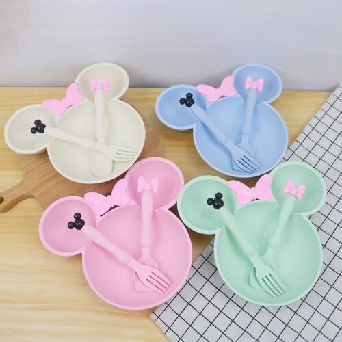 Imebaby Wheat Straw Childrens Dishes Bowl Spoon Three Piece Set Cartoon Creative Kindergarten Baby Plate Tableware