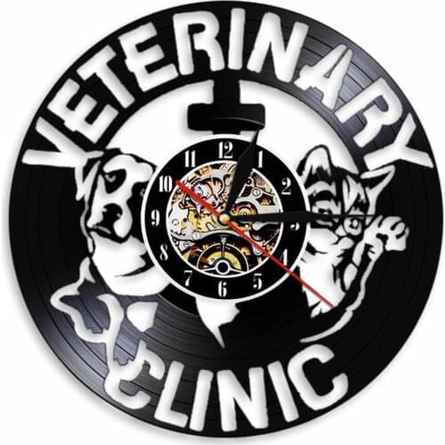 Animals Care Dog And Cat Vinyl Record Wall Clock Veterinary Clinic Veterinarian Sign Pet Health Carved Album Music Record Clock