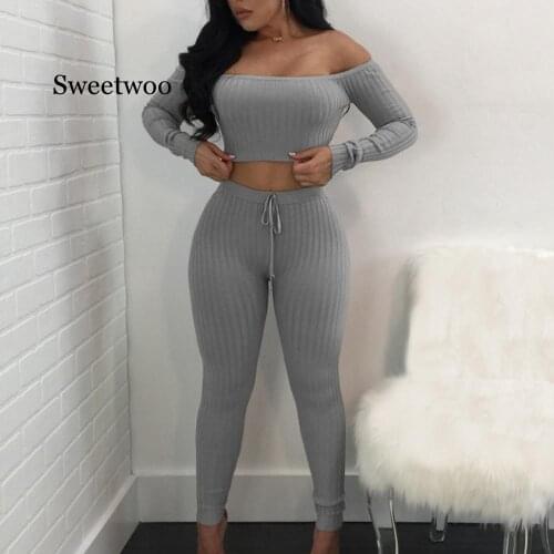 Solid Slash Neck Long Sleeve Two Piece Set Drawstring Off Shoulder Women Tracksuit Bodycon Long Pants Women Suits