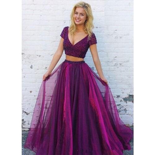 Two Piece Beading Prom Dresses 2019 sexy A Line Short Sleeve V Neck Long Formal Evening Gown vestidos de gala Custom prom dress