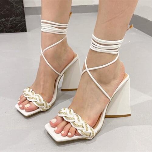 Fashion Metal Chain Braiding Lace up Sandals Block High Heel Summer Outdoor Shoes Women Dress Cross Strap Square Toe