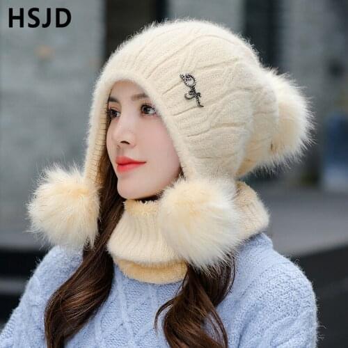 Hats three pom pom hat Women Winter Warm Rabbit hair Knitted Hat Snow Ski Cap with Visor Cute Winter Beanie Caps for Girl Gift