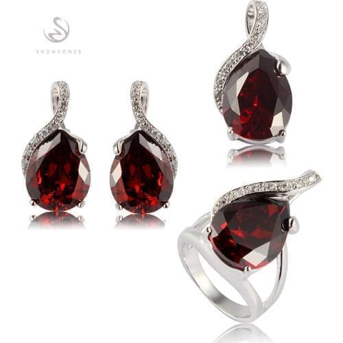 SHUNXUNZE Punk luxury fashion jewelry sets womens (ring/earring/pendant) Red Cubic Zirconia Rhodium Plated R840set Size 6 7 8 9
