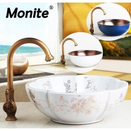 Blue Art Ceramic Vessel Basin Bathroom Sink Set Roatated Antique Brass Kitchen Faucet White Design Golden inside Basin Mixer Tap