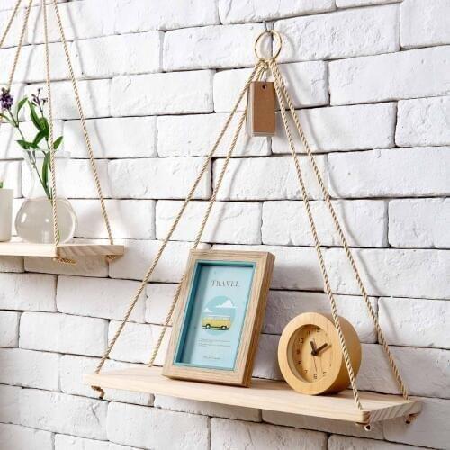 Nordic Simple Solid Wood Wall Decoration Sling Rope Rack Flower Pot Storage Rack Wall Shelf Hanging Board Hanging Ornaments