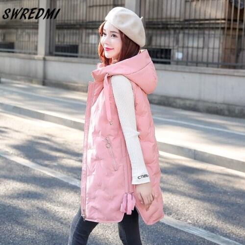 SWREDMI Hooded Warm Vest Women Embroidery Fashion Slim Warm Parkas Jacket Sleeveless Long Waistcoat Snow Wear Female