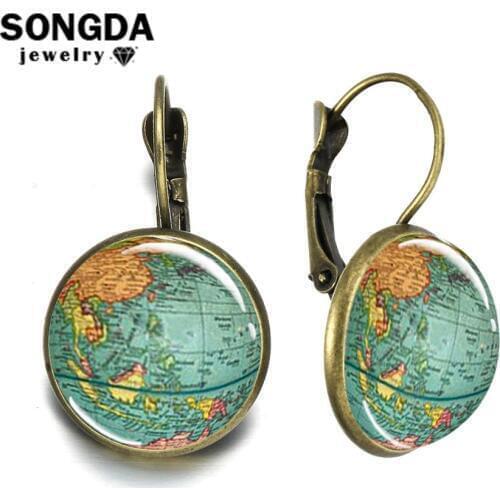 SONGDA Vintage Steampunk World Map Earrings Globe Earth Planet Art Photo Glass Cabochon Handmade Earrings Female Travel Jewelry