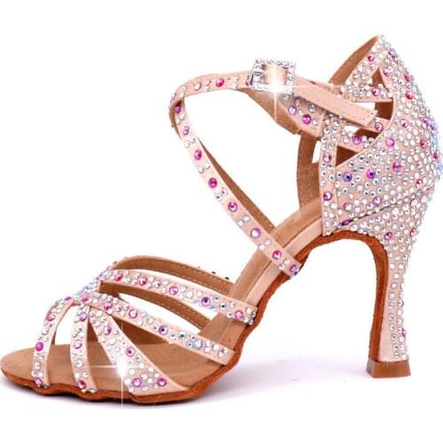 Wuxijiao Women Party Dance Shoes Satin Shining Rhinestones Soft Bottom Latin Dance Shoes Woman Salsa Dance Shoes Heel5cm-10cm