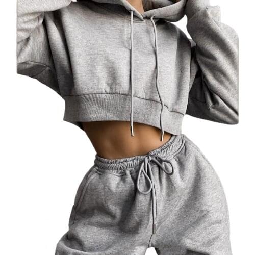 1 Set Hoodies Pants Set Hooded Drawstring Women Long Sleeve Crop Top Hoodies Pockets Trousers for Sports Hoodies Trousers