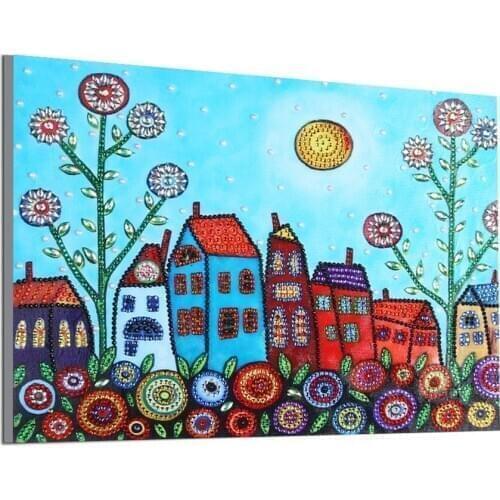 Diamond embroidery circle diamond special shape cartoon painting Village the sun rises rhinestone crystal painting home decor